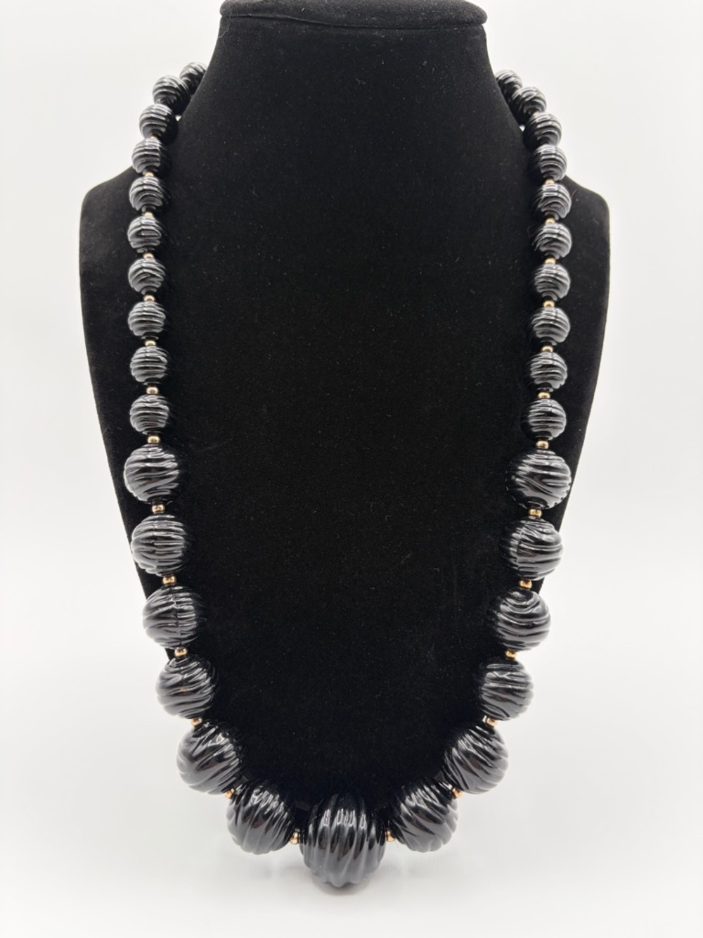 Vintage Black Ribbed Bead Necklace Gold Tone Accent Statement Necklace